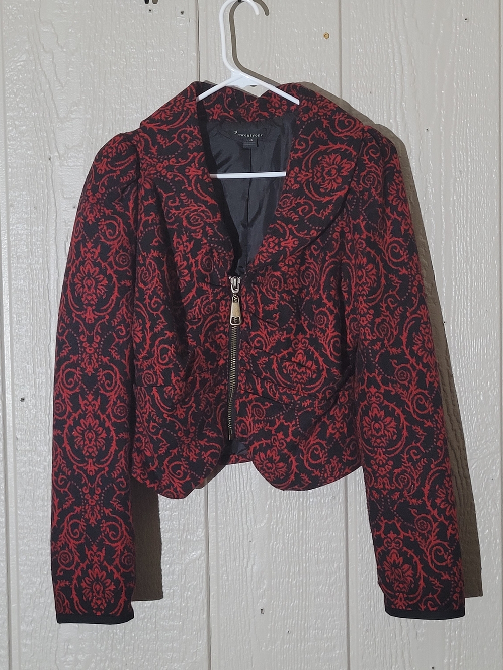 Red & Black Patterned Zip-Front Blazer